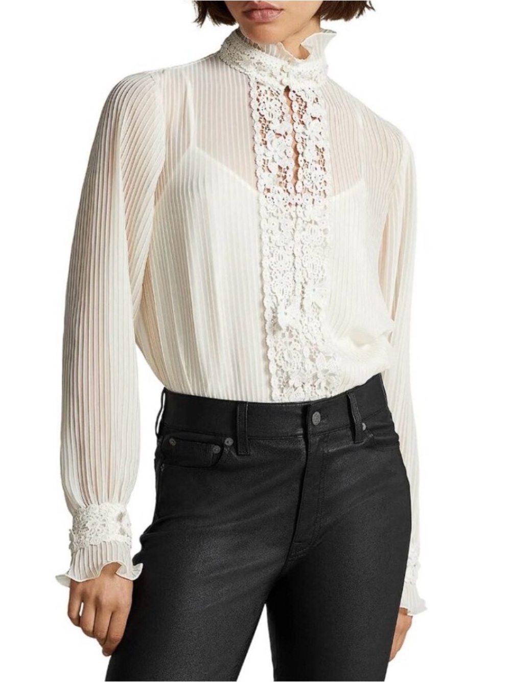 Polo by Ralph Lauren Ivory Pleated Lace-Front High-Neck Blouse